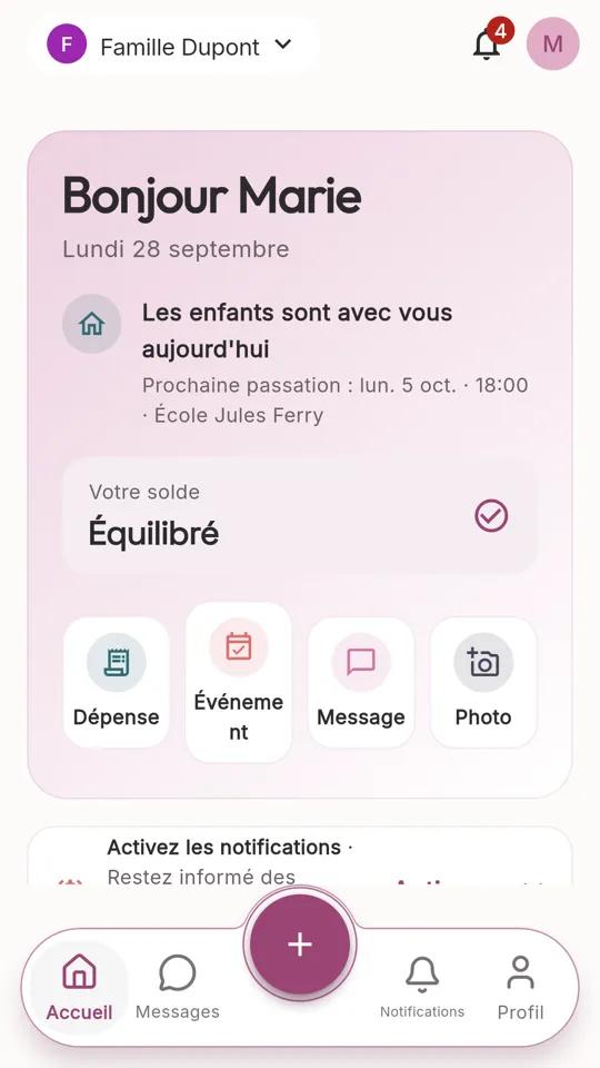 Écran d’accueil de 2forkids : où sont les enfants aujourd’hui, prochaine passation, solde des dépenses